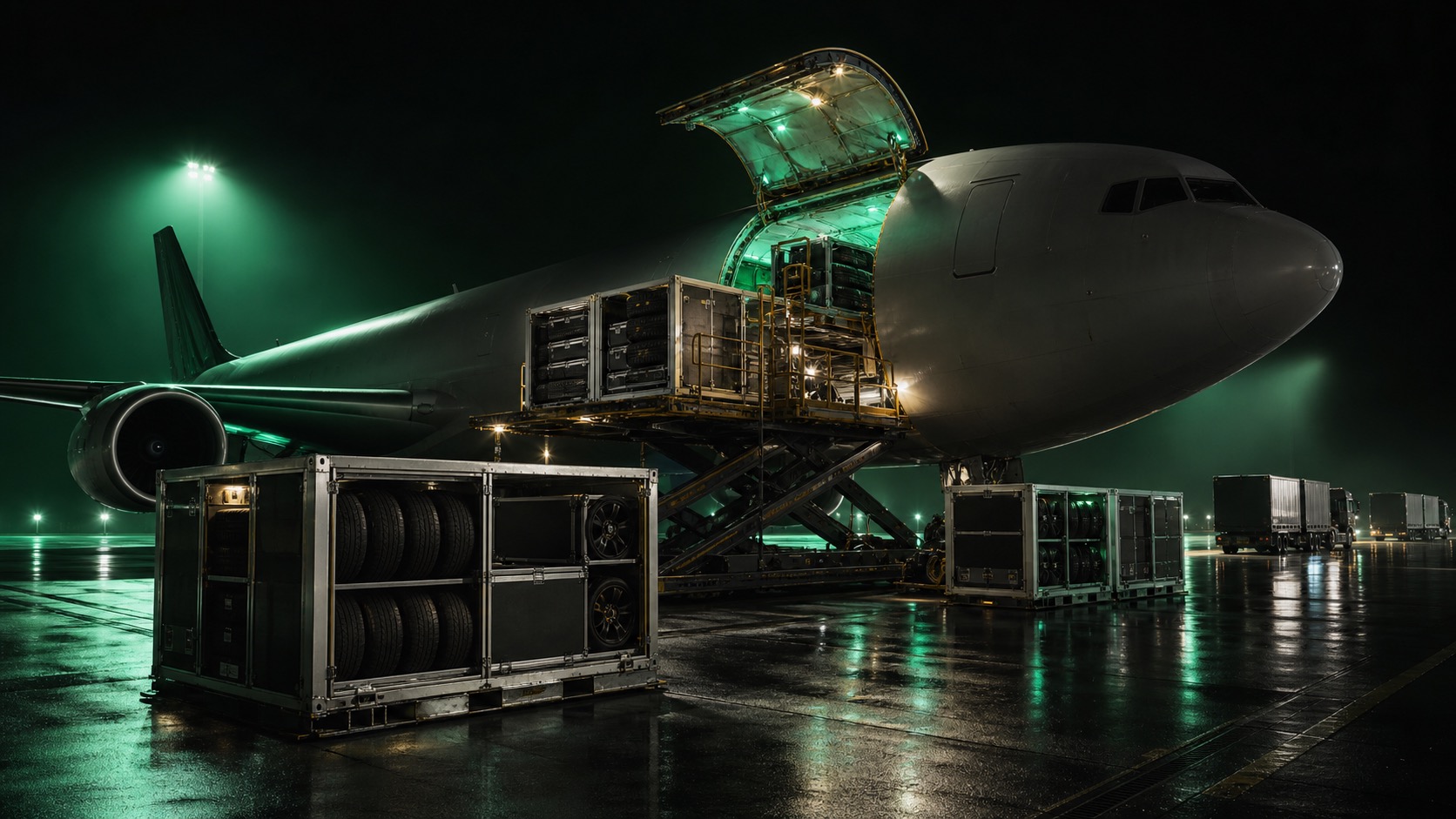 GridHaul 40-Tonner auf dem Vorfeld am Frankfurter Flughafen bei Nacht